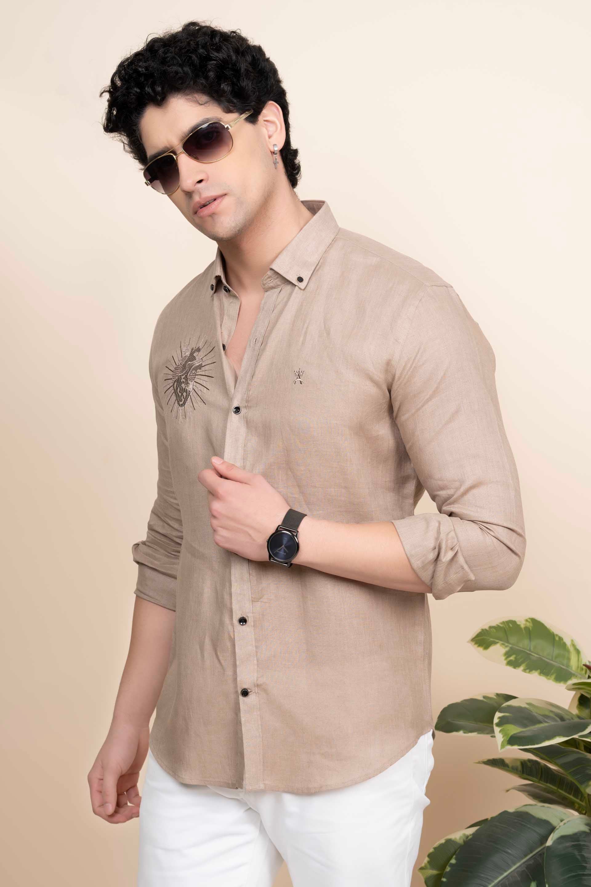 Dante Beige Pure Linen Shirt Embroidery