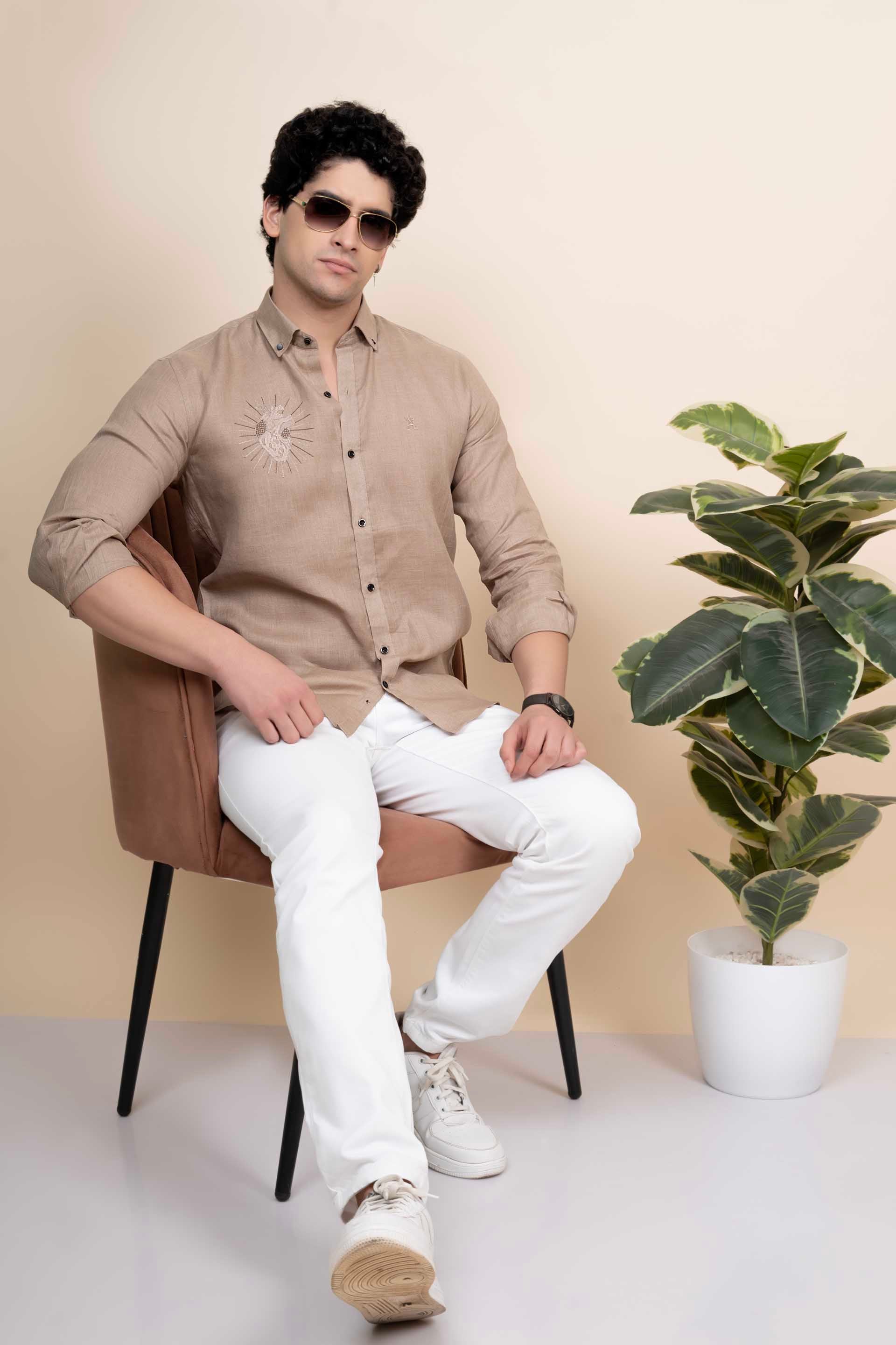 Dante Beige Pure Linen Shirt Embroidery