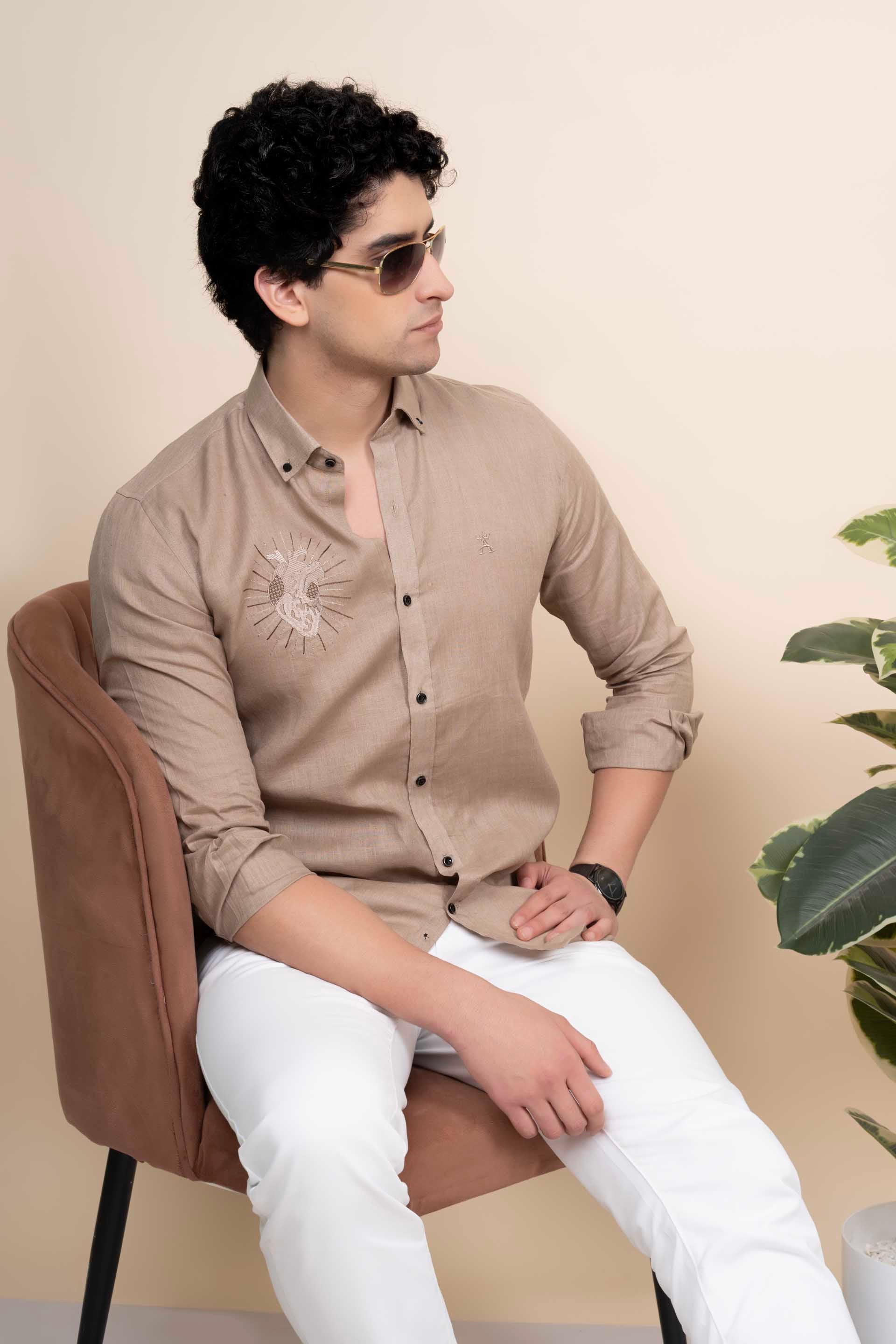 Dante Beige Pure Linen Shirt Embroidery