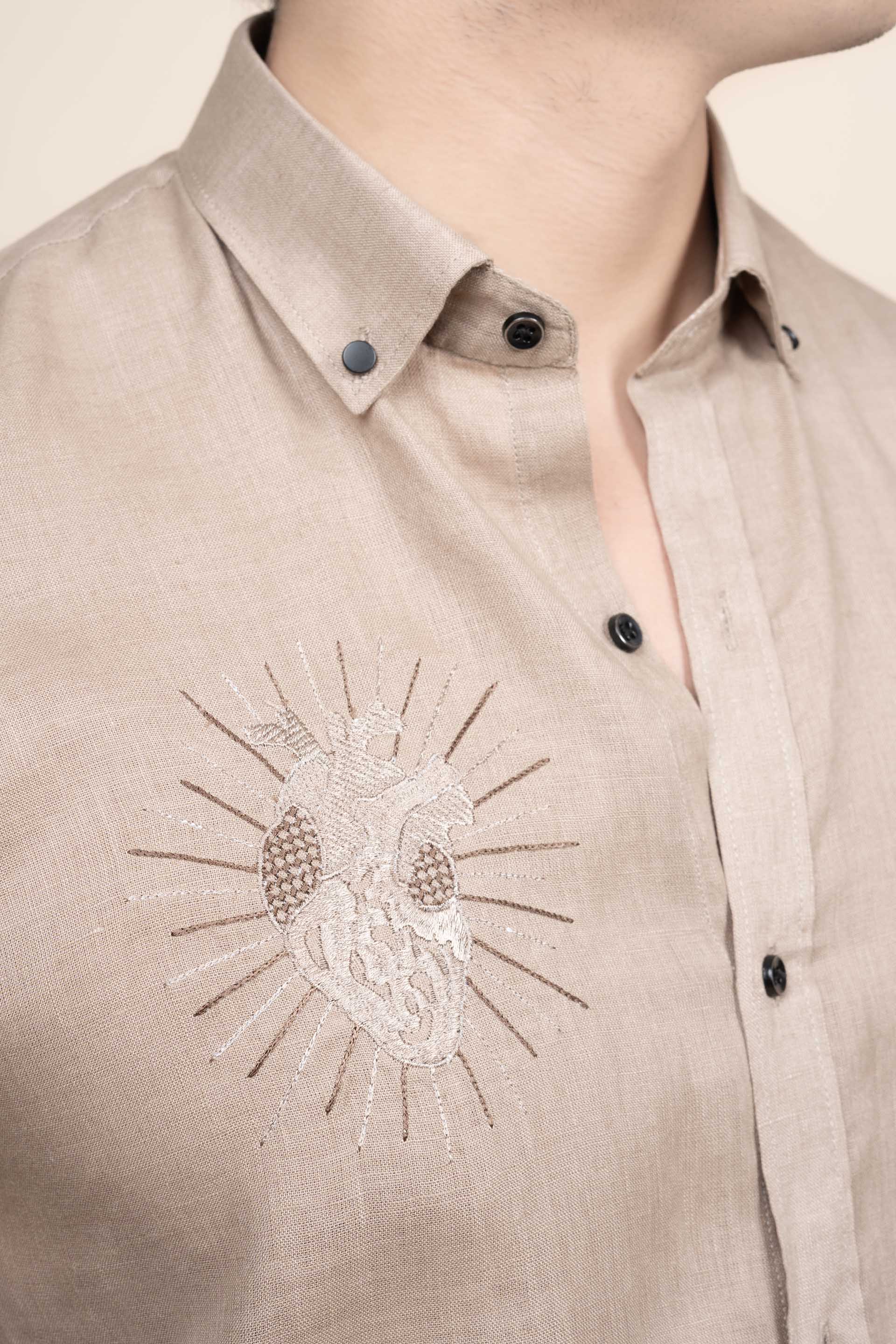 Dante Beige Pure Linen Shirt Embroidery