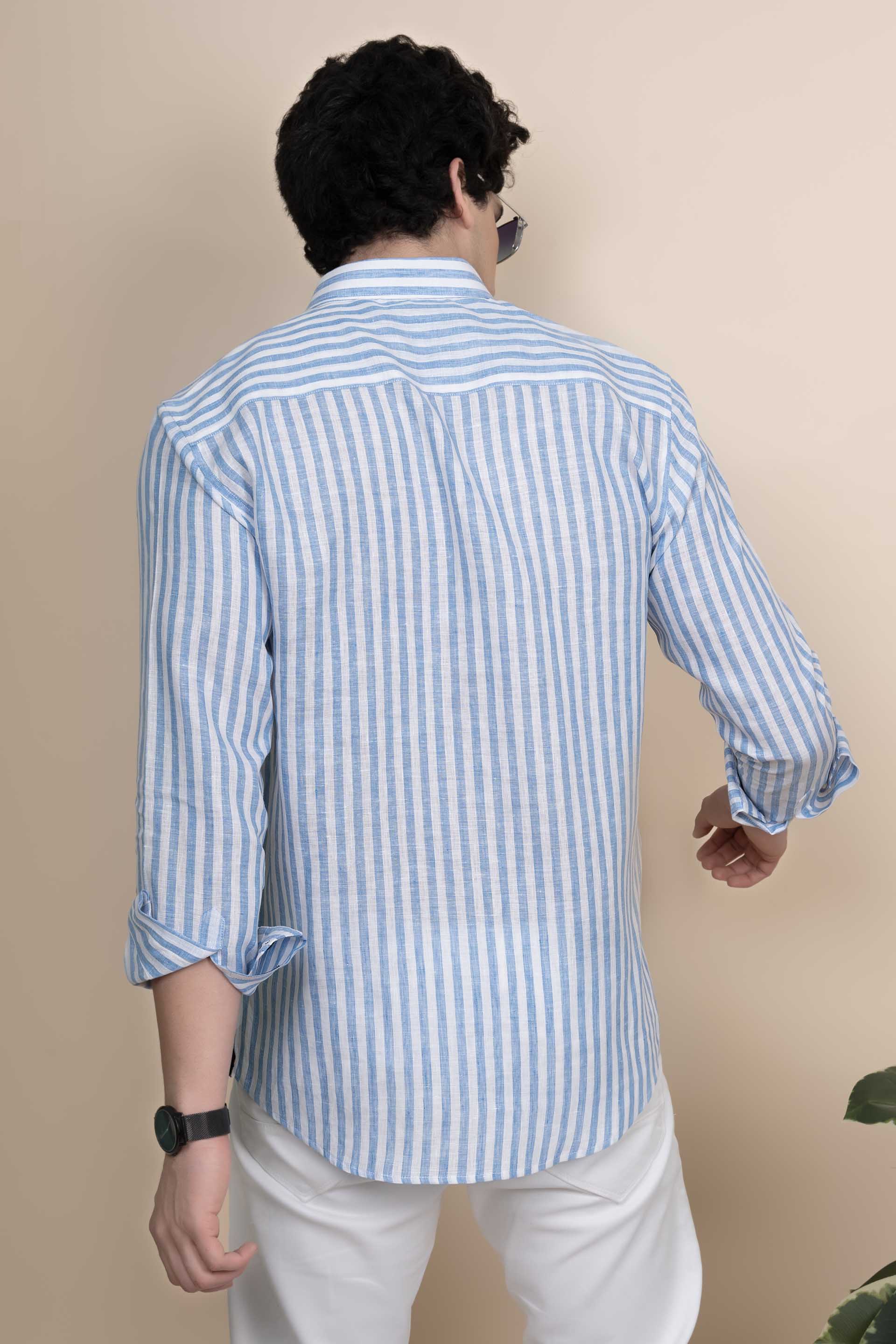 Eli Blue Pure Linen Stripes