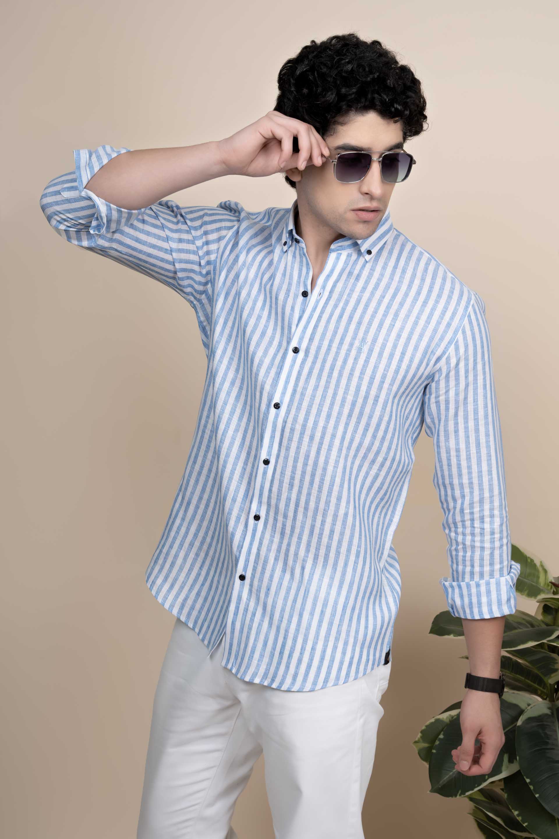 Eli Blue Pure Linen Stripes