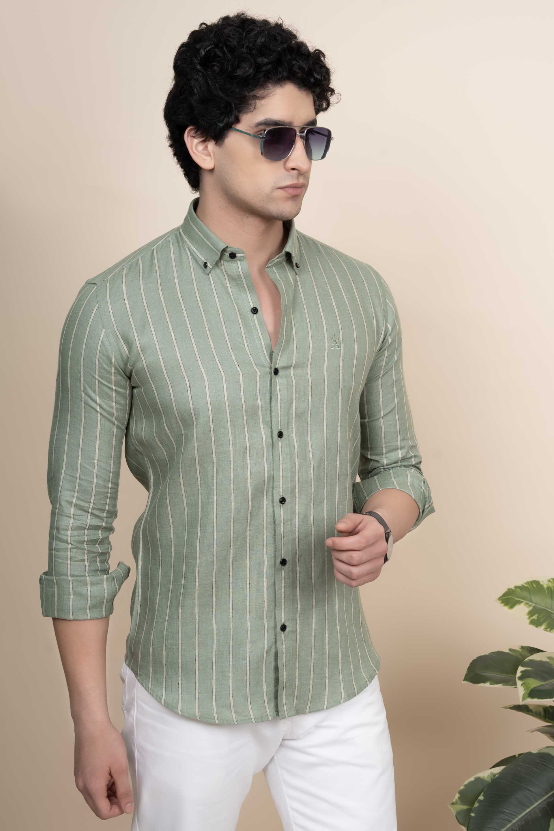 Sebastian Green Pure Linen Stripes