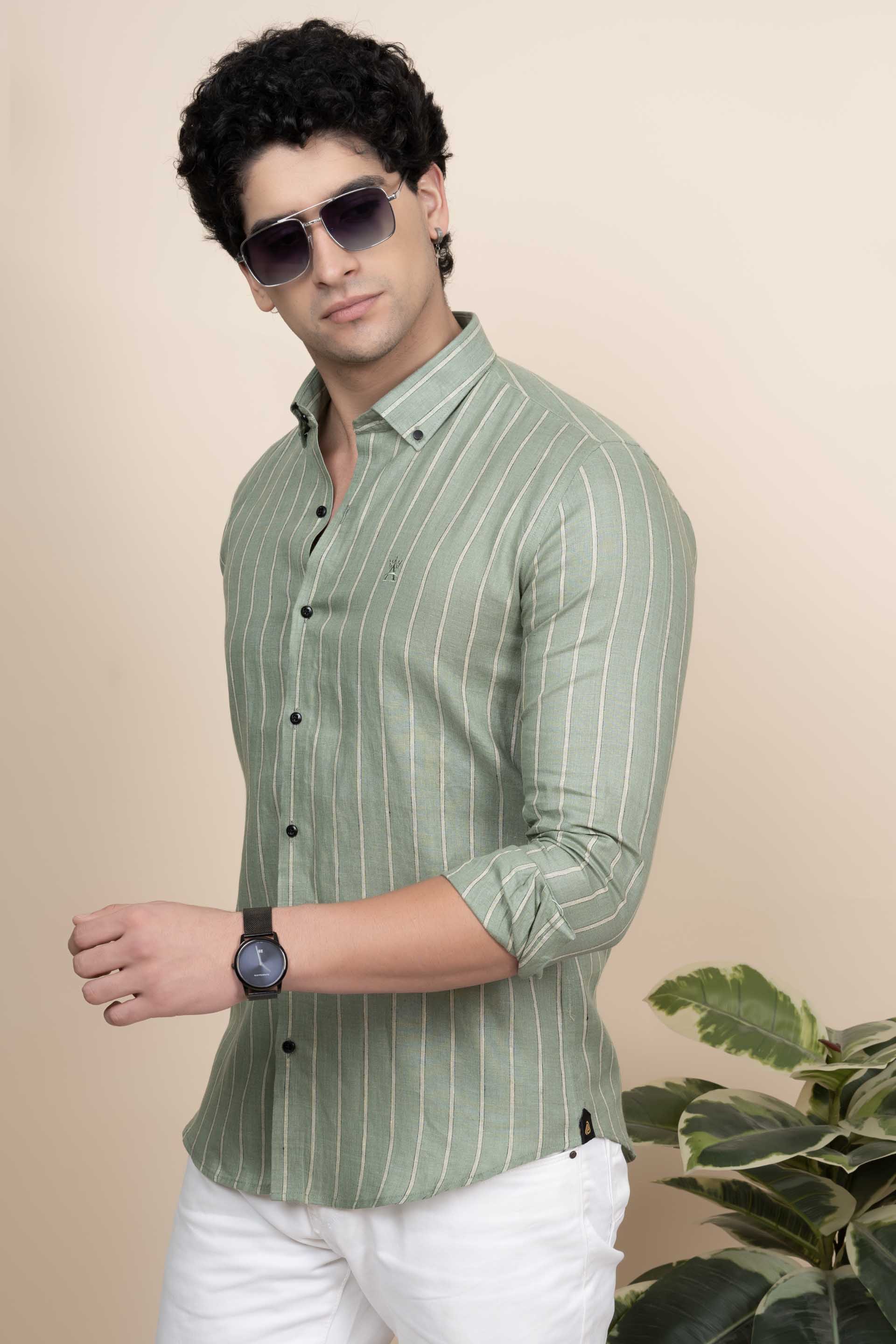 Sebastian Green Pure Linen Stripes