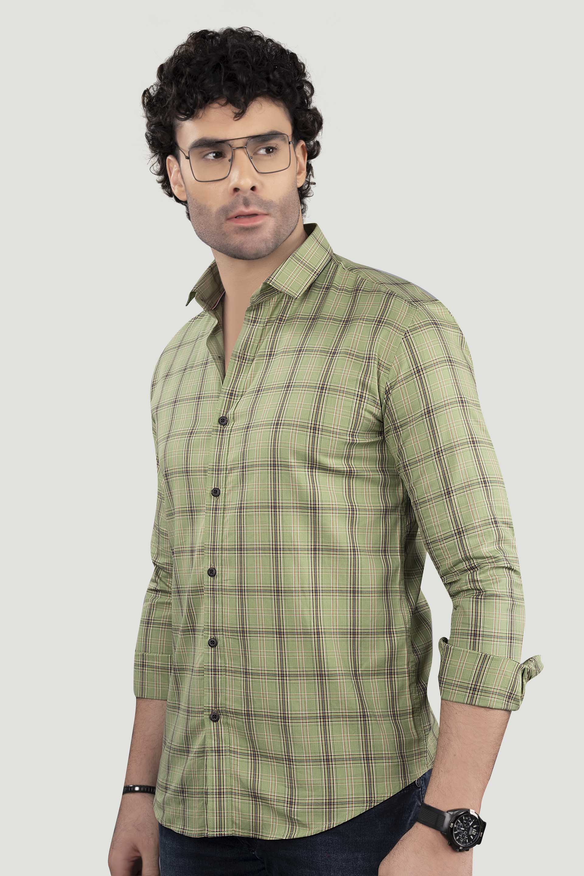 Demid Light Green Cotton Check Shirt