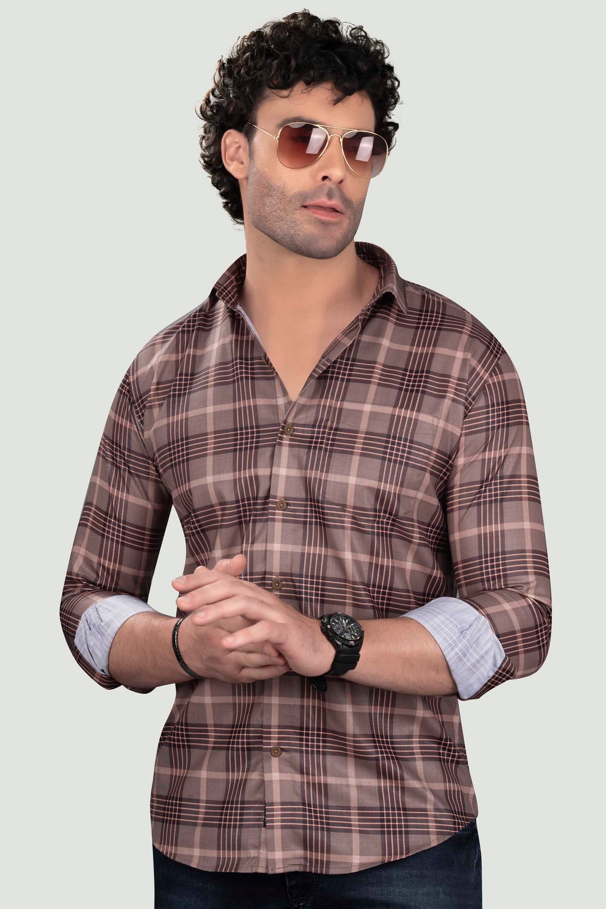 Filipp Light Brown Cotton Checks