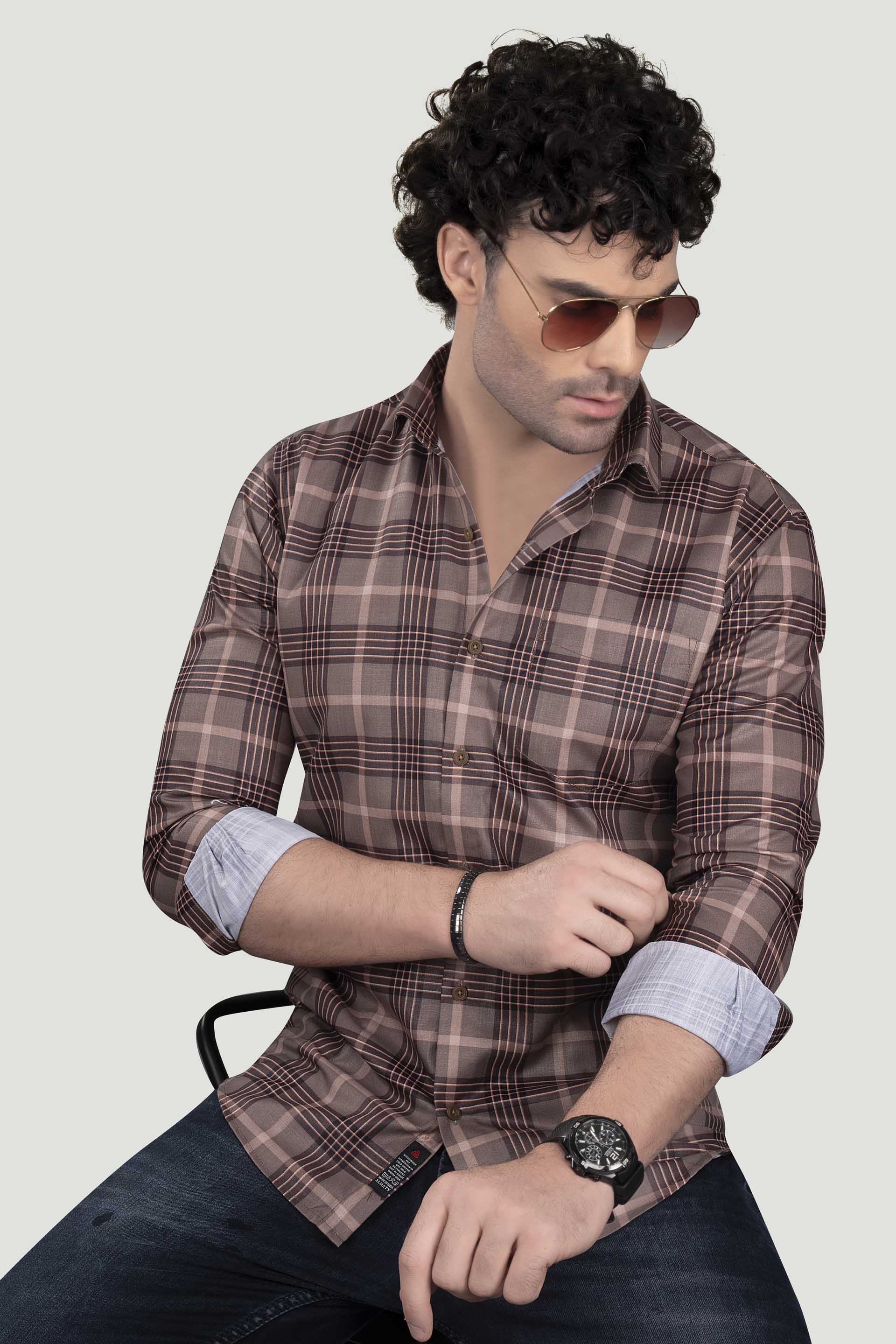 Filipp Light Brown Cotton Checks