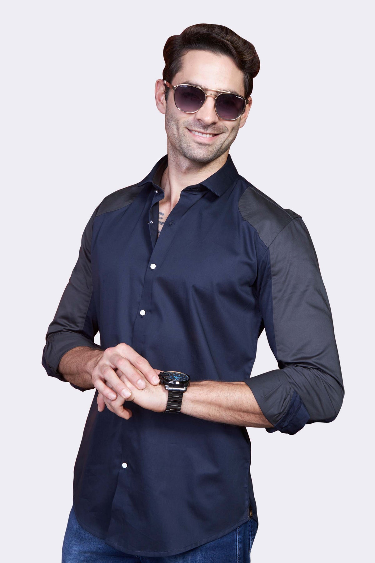 dual-blue-contrast-sleeves-party-wear-shirt