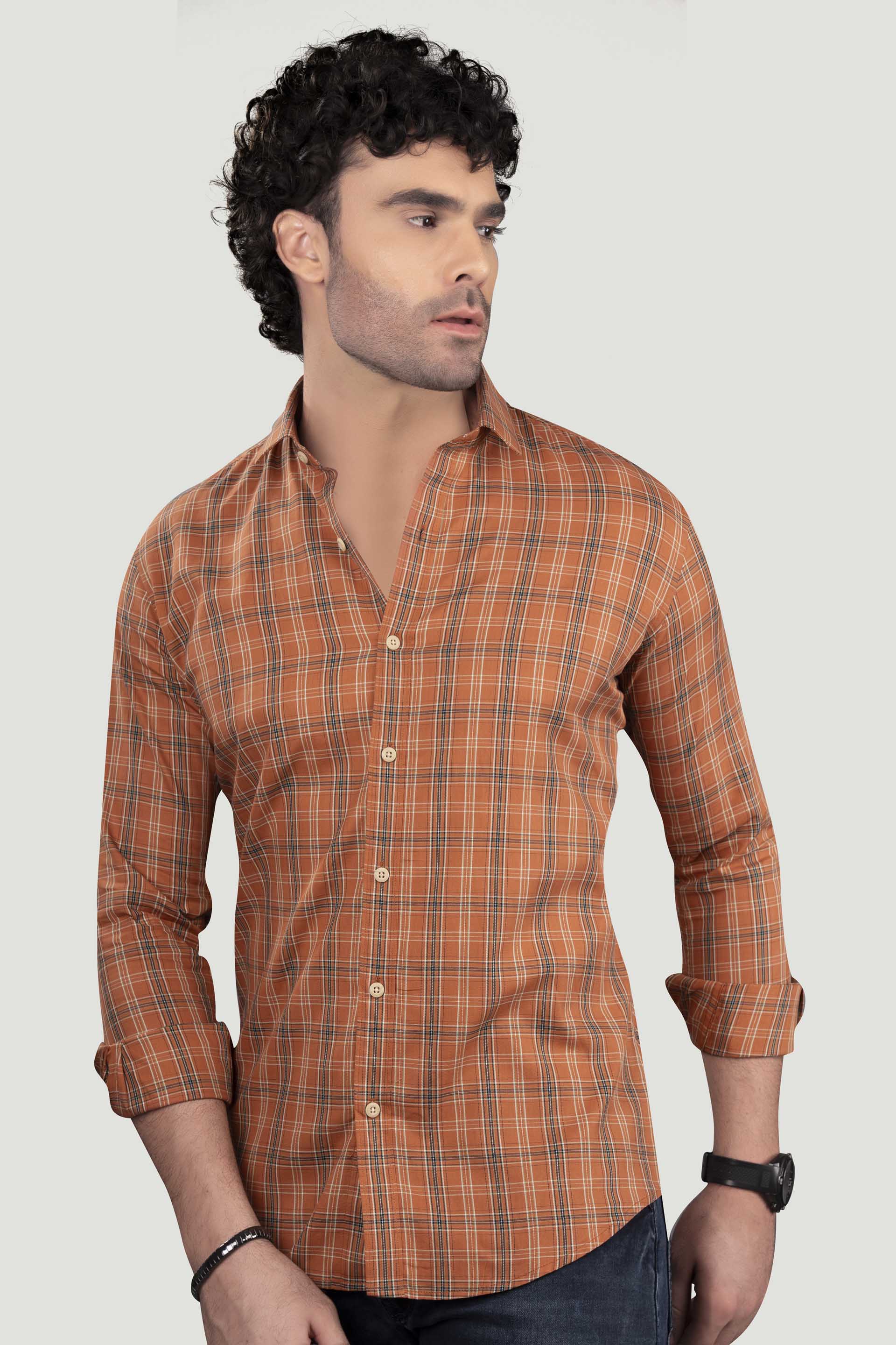 emerging-tokyo-orange-cotton-check-shirt