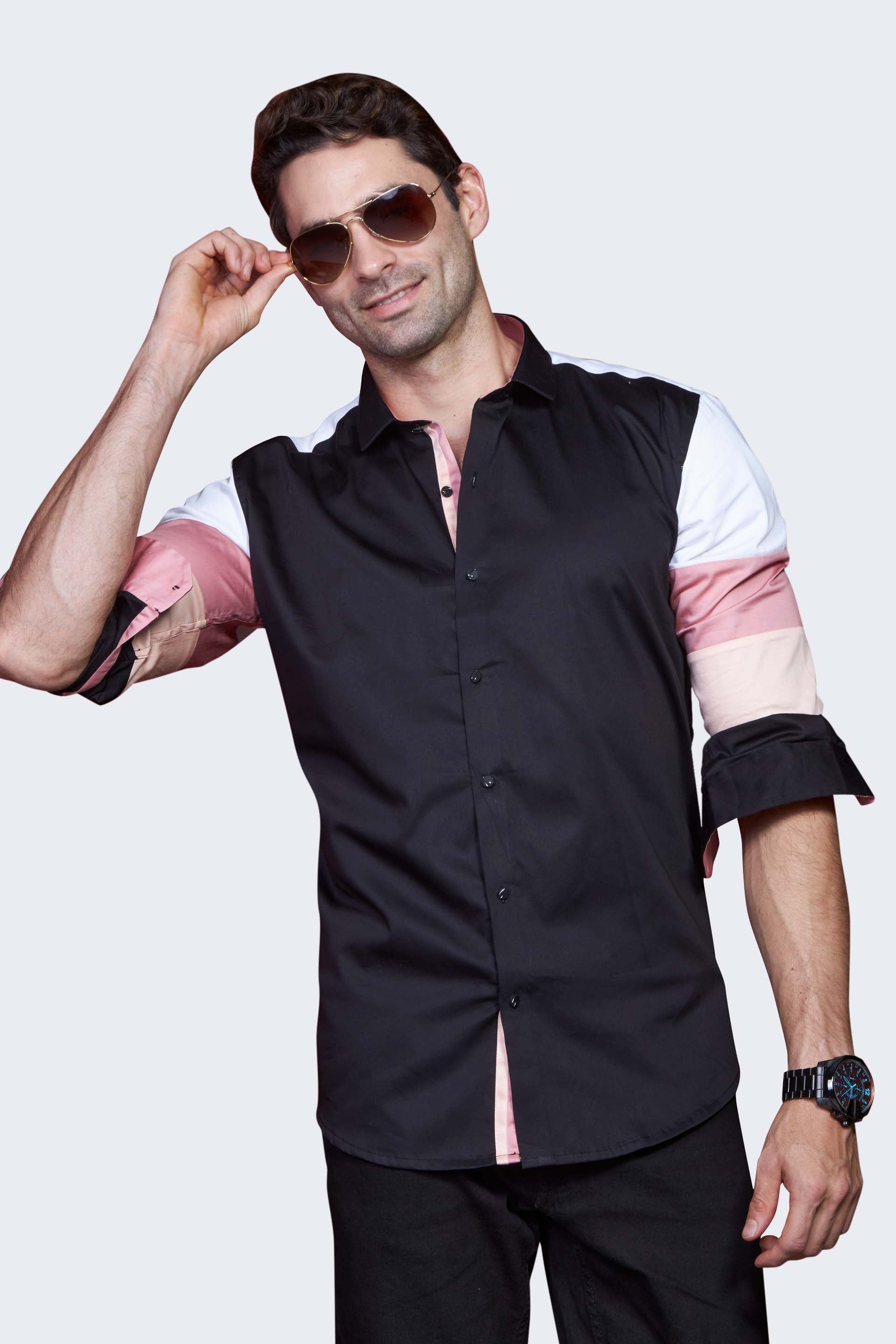 modest-tricolor-sleeves-black-party-wear-shirt