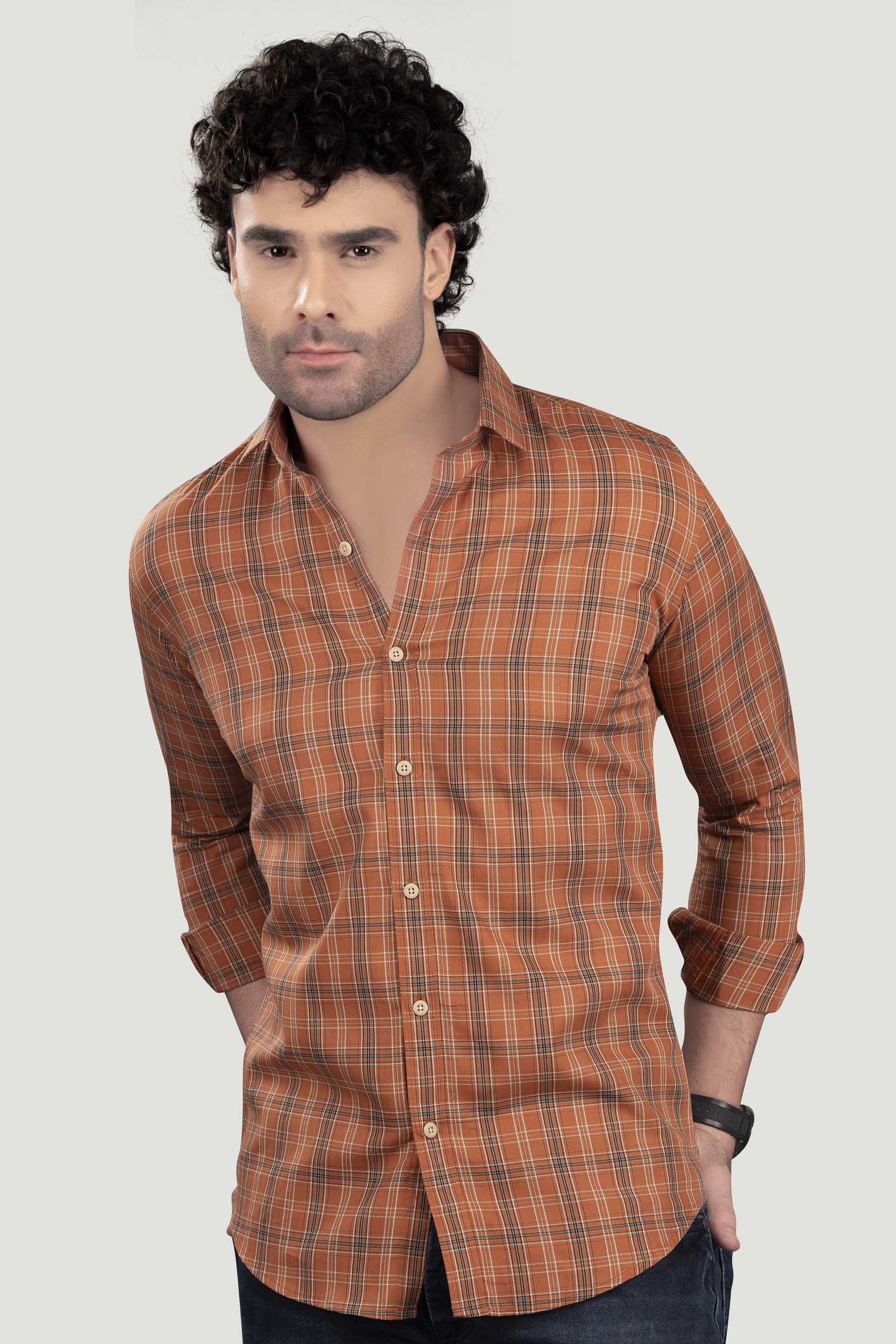 tokyo-orange-cotton-check-shirt